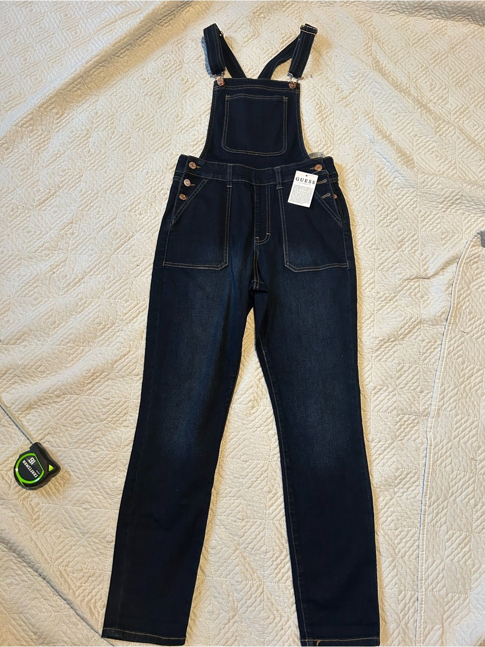 NWT GUESS Dark Blue Denim Overalls with Contrast Stitching